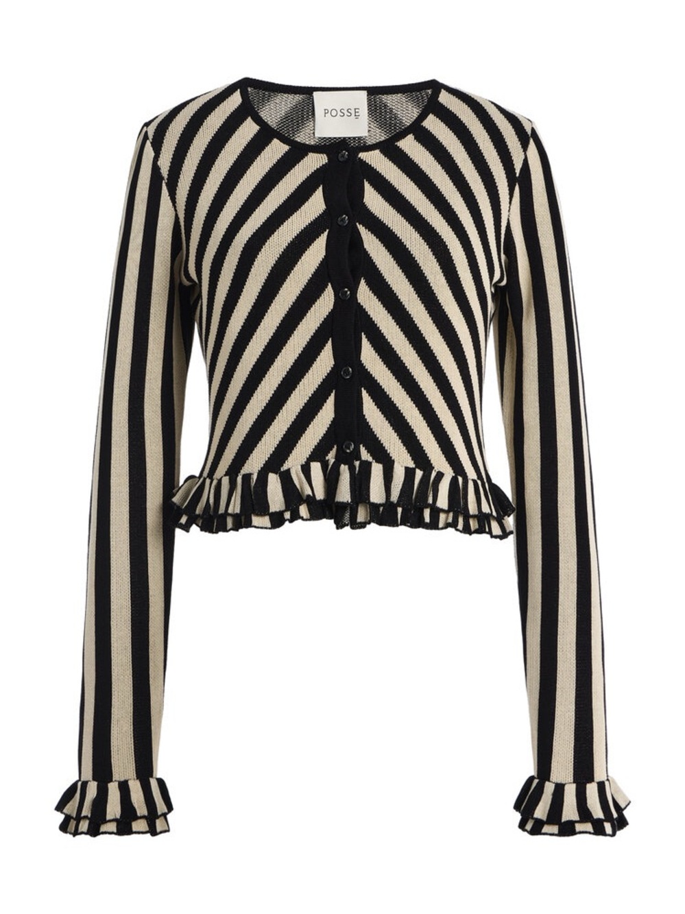 Posse Black & Cream Striped Ruffle-Hem Button Front Top XS